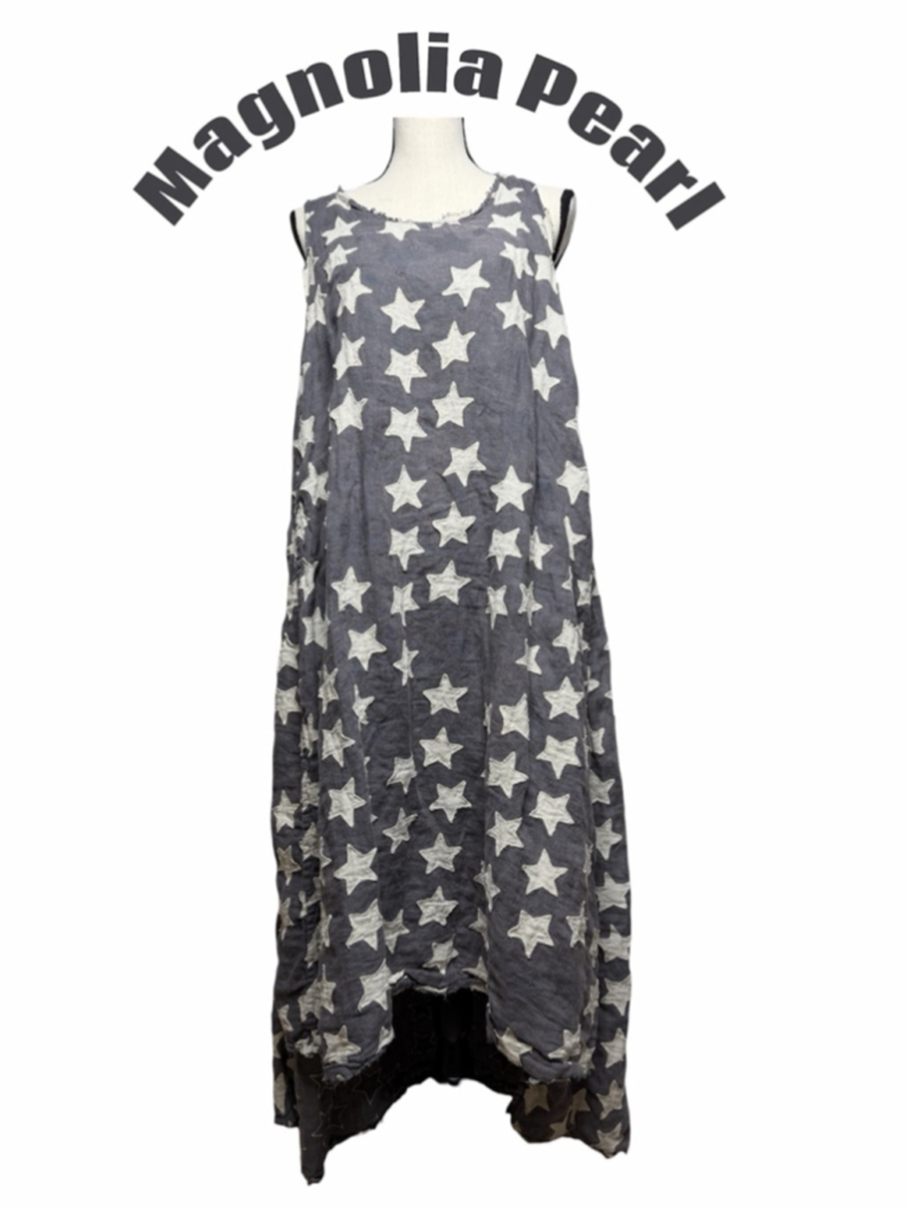 Magnolia Pearl Linen Star Appliqué Maxi Dress OS Gray Boho Lagenlook Cottagecore